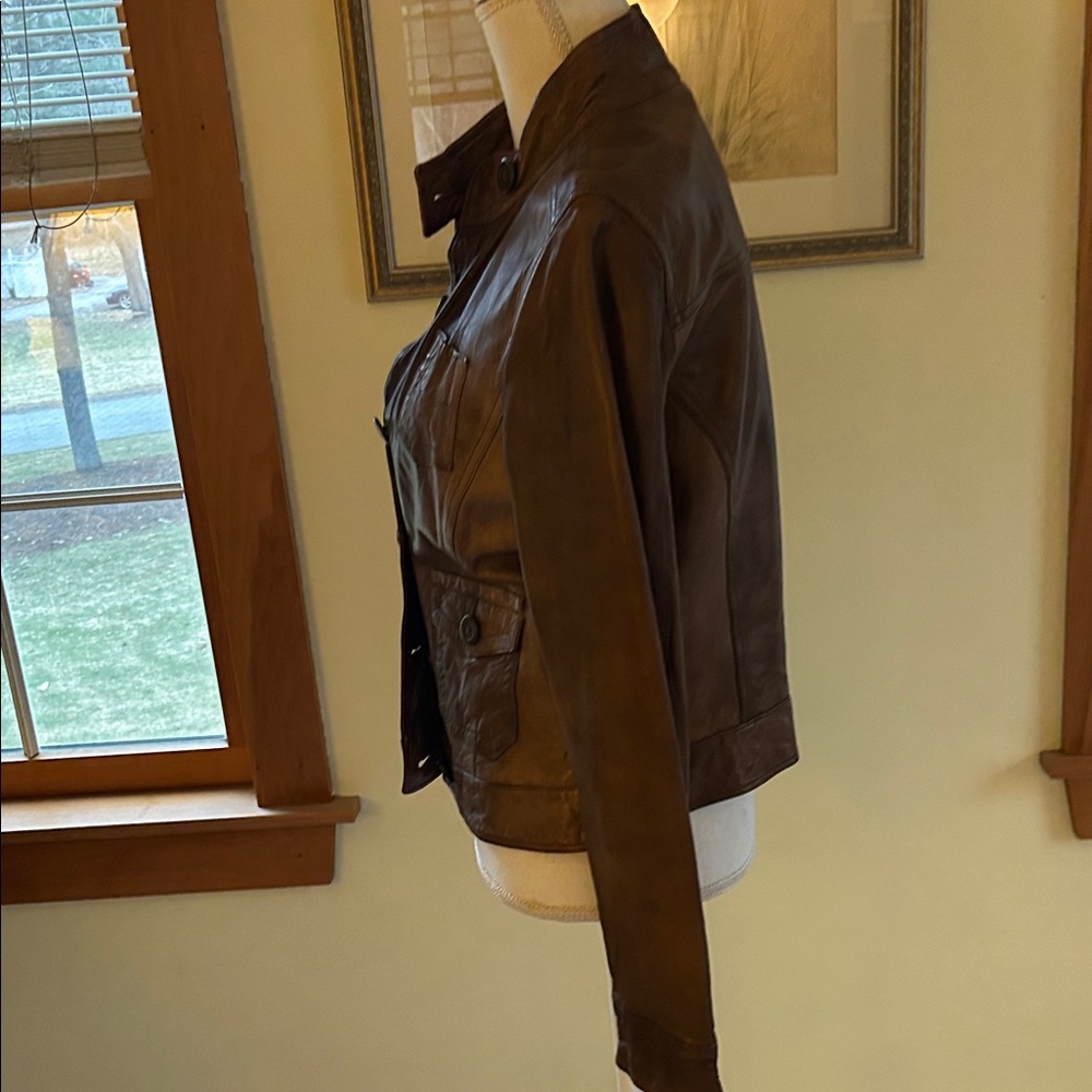 GAP Dark Brown Leather Button-Front Jacket like N… - image 6
